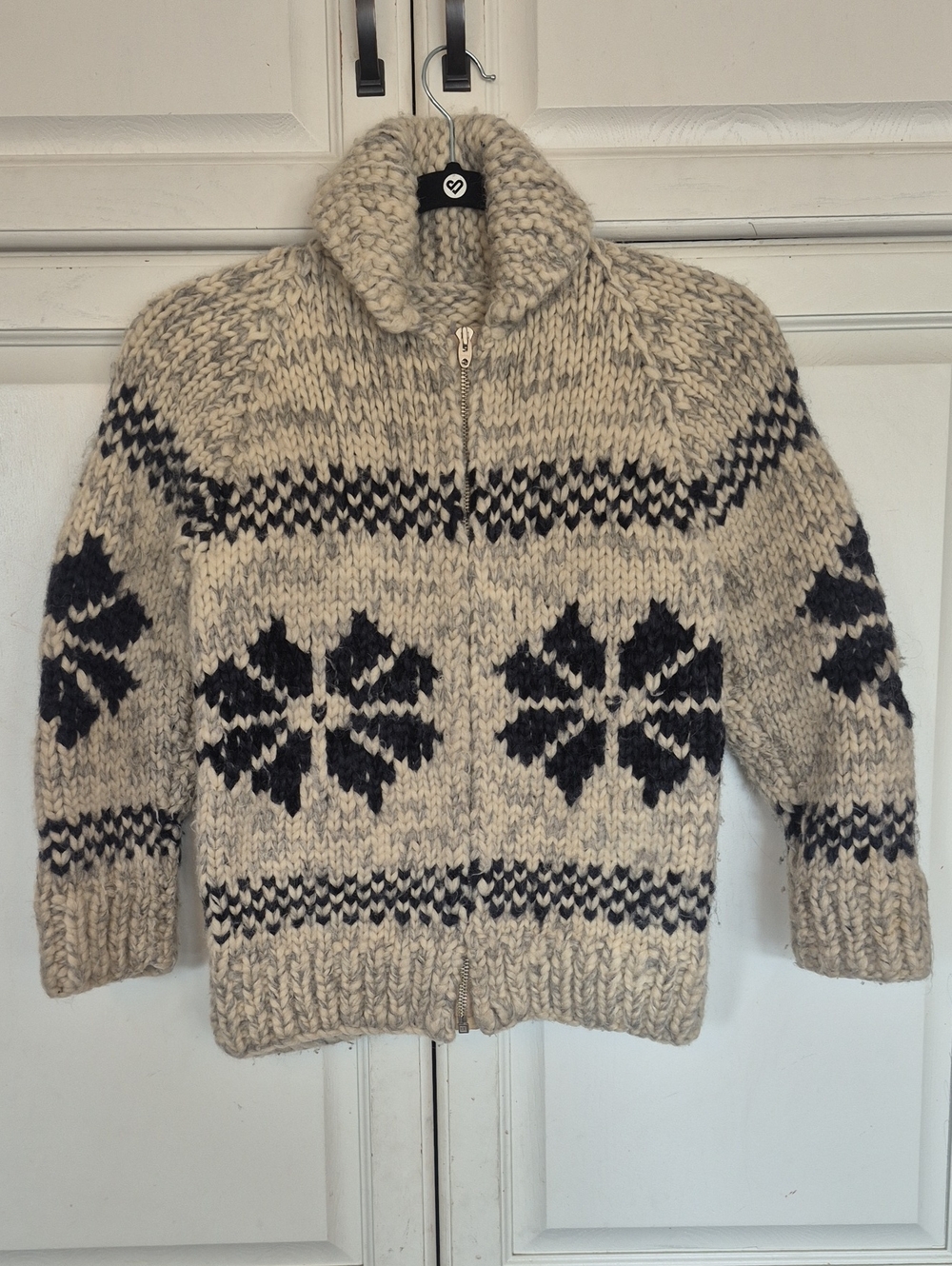 Vintage 1960s Hand Knit Wool Cowichan Style Snowflake Sweater Cardigan Lightning